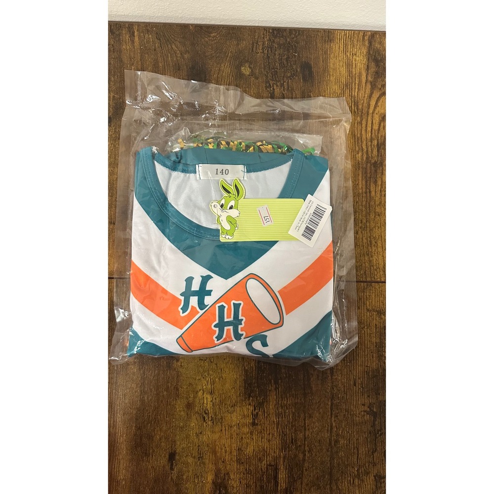 Kids Cheerleader Costume Set Teal Orange White Megaphone Pom Poms Size 8-10